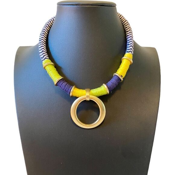Multi Colored Thread Necklace w/ Matte Gold Toned circle Pendant. - Picture 1 of 5